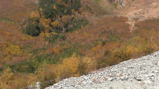 秋の上高地　岳沢から見た穂高連峰　縦パン