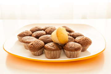 Tasty chocolate muffins with one cake muffin on top