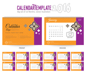 Desk Calendar 2016 Vector Design Template. Big set of 12 Months. Week Starts Sunday