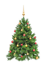 Christmas fir-tree decorated with gold and red spheres, gold tip and lamps, isolated on the white