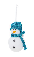 Silver Christmas hanging snowman with turquoise hat and scarf isolated on white background