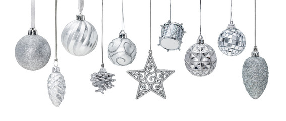 Silver Christmas New Year baubles for Christmas tree ornaments, pine, spruce, balls, stars, bells, pine cones, drums isolated on white