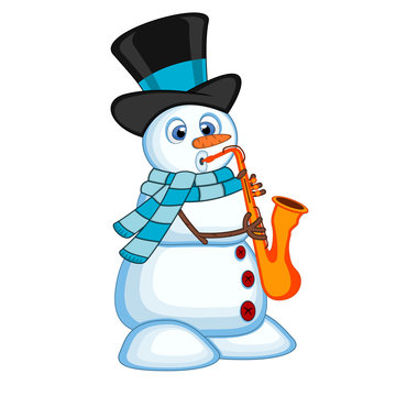 Snowman wearing a hat and a blue scarf playing saxophone for your design vector illustration