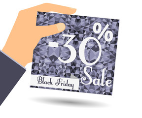 Discount coupons in hand. 30 percent discount. Special offer for holidays and weekends. Card on polygon background in dark colors. Design element in a flat style.