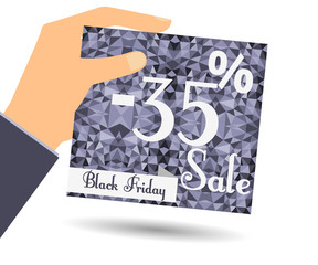 Discount coupons in hand. 35 percent discount. Special offer for holidays and weekends. Card on polygon background in dark colors. Design element in a flat style.