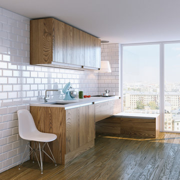 modern wooden kitchen interior with big window