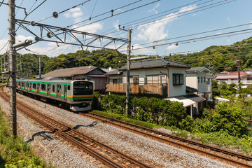 electric train approaching in Japan