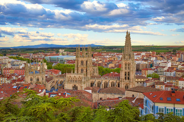 Burgos aerial view skyline sunset with Cathedral - obrazy, fototapety, plakaty