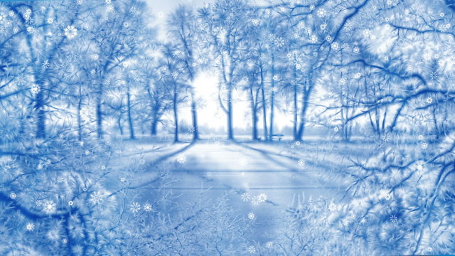 Winter scenery background loop and falling snow crystals