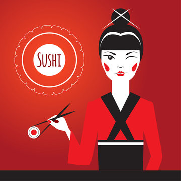 Japanese girl winks and holding sushi with Chopsticks. Advertising character.