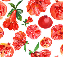 A seamless watercolor background pattern of bright red pomegranate flowers and fruits