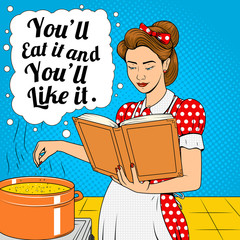 Beauty wife cooking soup retro vector