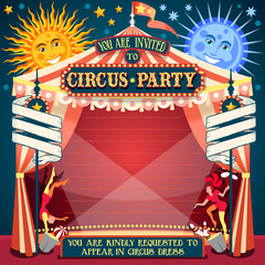 Naklejka premium Circus Show Retro Template Party Invite. Cartoon Poster Invitation Kid Birthday Party. Carnival Festival Theme Background Acrobatics Cabaret Vintage vector. Acrobat Clown Strip Card Game Illustration.