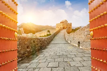 Schapenvacht deken met patroon Chinese Muur Grote muur onder zonneschijn tijdens zonsondergang (in Peking, China)