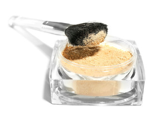 Jar with loose cosmetic powder and makeup brush, isolated on white