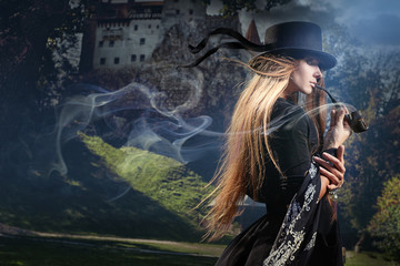 Model tobacco smoke in the courtyard of a mystical castle.