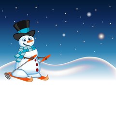 Snowman with hat and blue scarf is skiing with star, sky and snow background for your design vector illustration