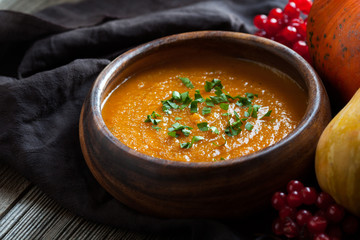 Traditional fall homemade natural creamy pumpkin soup healthy