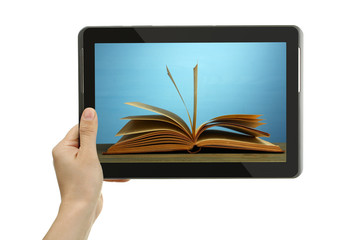 e-book in the hands of the girl on a white isolated background