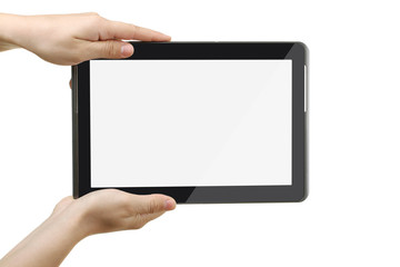 new tablet in the hands of the girl on a white isolated background