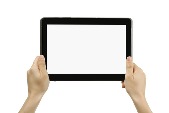 new tablet in the hands of the girl on a white isolated background