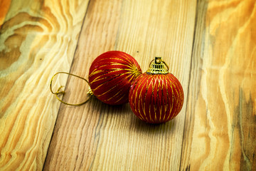 Christmas card with fir and decor on wood floor
