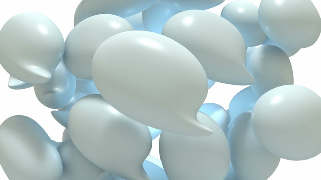A sphere of rotating three dimensional glossy speech bubbles surrounding a blue light on an isolated white background