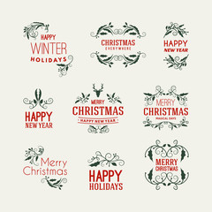 Set of Christmas Postcard Decorative Greetings with Mistletoe Branch, Berries and Typographic Design Elements. Hand Drawn Vector Illustration