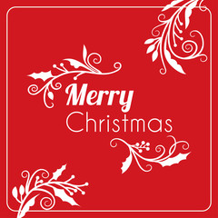 Christmas Postcard Decorative Greeting with Branches, Berries and Typographic Design Elements on Red Background. Hand Drawn Vector Illustration