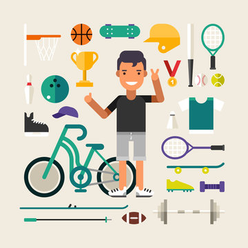 Set of Vector Icons and Illustrations in Flat Design Style. Male Cartoon Character Sportsman Surrounded by Sports Equipment