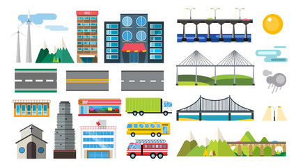 Buildings and city transport flat style illustration