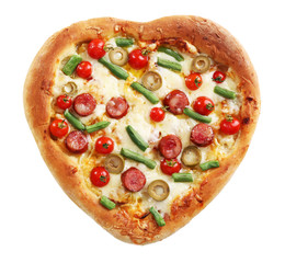 Tasty heart shaped pizza isolated on white background