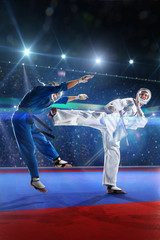 Two kudo fighters are fighting on the grand arena