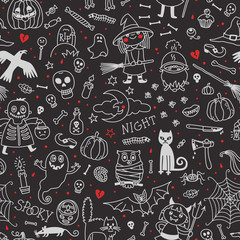 Halloween seamless pattern. Pumpkin, Ghosts, Cats, Skulls, Bats