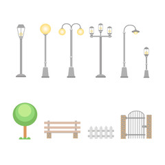 Street lights and lamps set . Outdoor elements bench, wicket, fence for construction of urban village landscapes