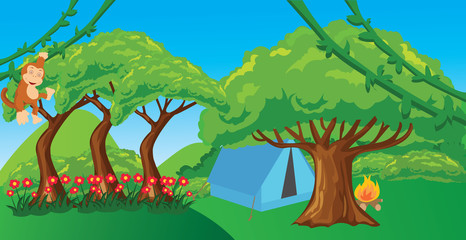 monkey in jungle cartoon forest illustration ape hanging tree  © bakhtiarzein