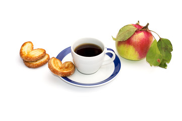 cup of coffee, three cookies and apple with leaves, a still life