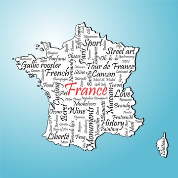 French symbol words map on blue background