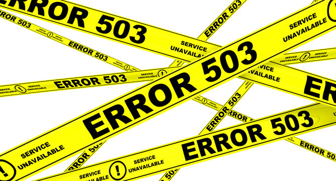 Yellow warning tapes with inscription "ERROR 503" (Service unavailable). Isolated