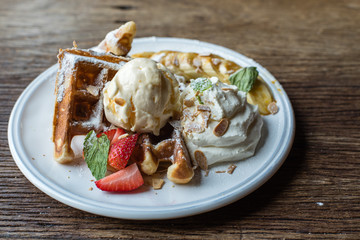 Strawberry Banana Waffle served with Vanilla Ice Cream