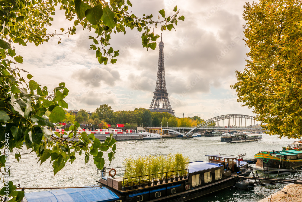 Wall mural la seine et ses péniches et au fond la tour eiffel à paris, en île de france, france