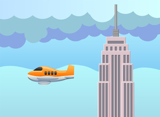 Caricature airplane passing by a highrise building