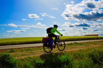 Fototapeta na wymiar Biker on The Way of Saint James biking in Palencia