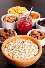 cereal and various delicious ingredients for breakfast