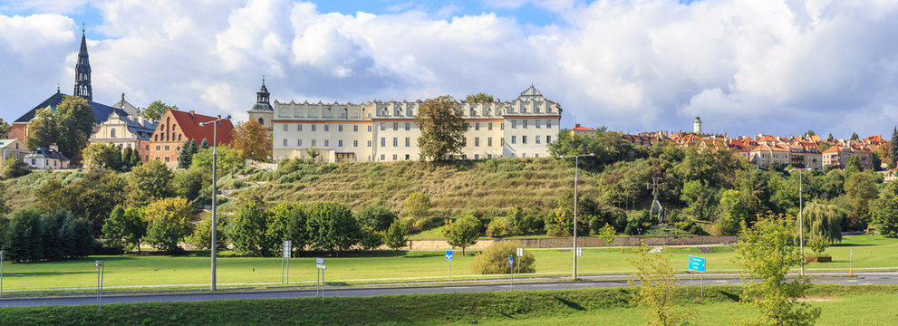 Sandomierz on the Vistula. Panorama of the Old Town. Visible cathedral tower, Collegium Gostomianum (today a school) and tenement houses with  Town Hall Tower