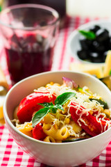 spaghetti with vegetables ,tomatoes and basil