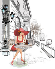 Fashion girl sitting in the cafe in the old town - 94337498