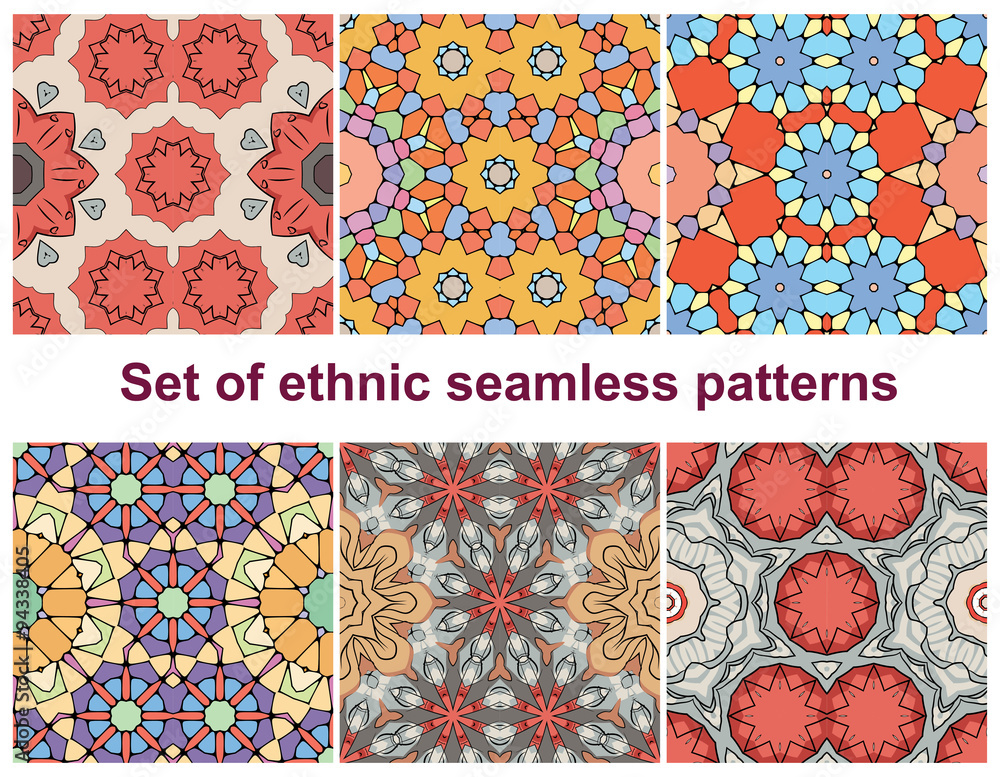 Poster set of six colorful geometric patterns (seamlessly tiling). seamless pattern