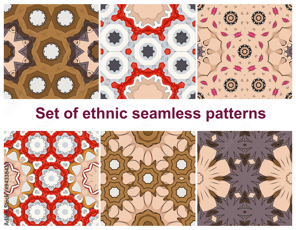 Poster set of six colorful geometric patterns (seamlessly tiling). seamless