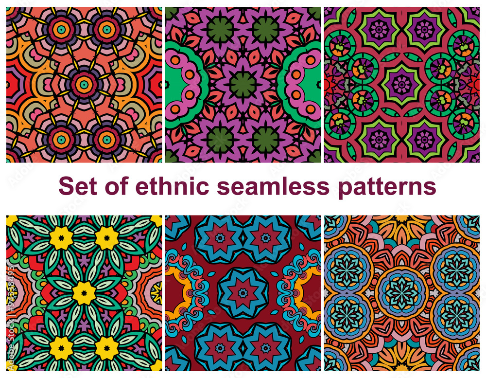 Poster set of seamless patterns in oriental and geometrical style.